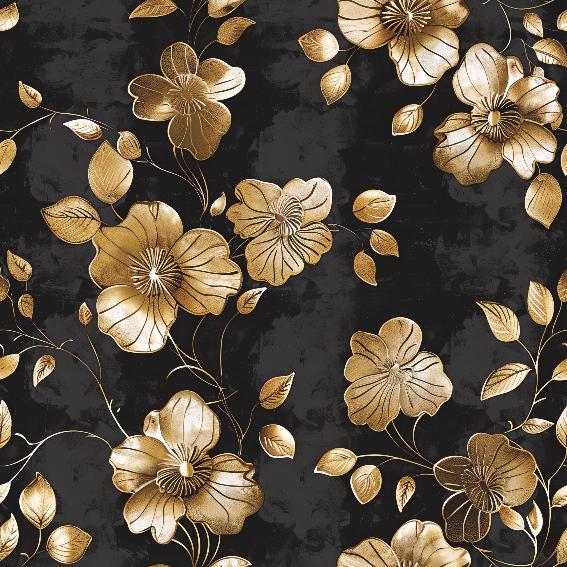 Floral Decoupage Paper - Repeating Pattern - 6 Size Options - Black & Gold Flowers