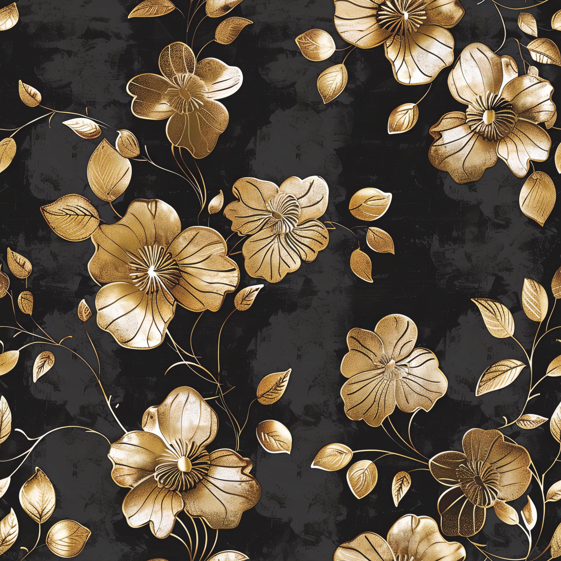 Floral Decoupage Paper - Repeating Pattern - 6 Size Options - Black & Gold Flowers
