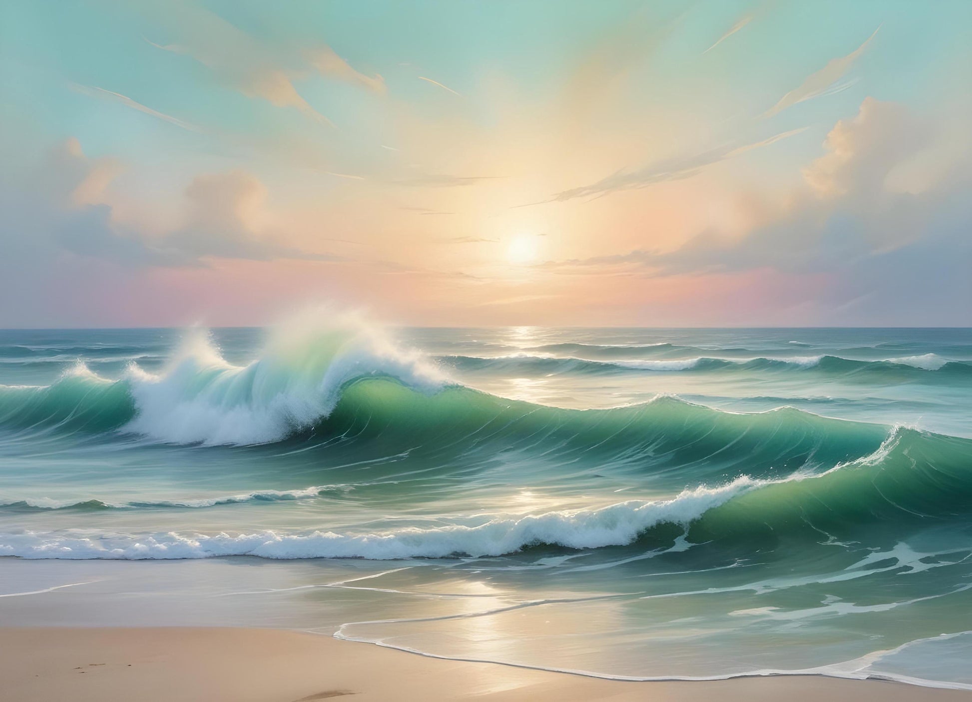 Pastel Beach - Large Decoupage Paper - 6 Size Options - Sunset - Green Waves