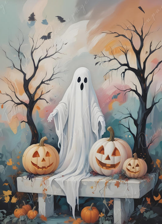 Halloween Collection - Large Decoupage Paper - 6 Size Options - Cartoon Ghost and Pumpkin