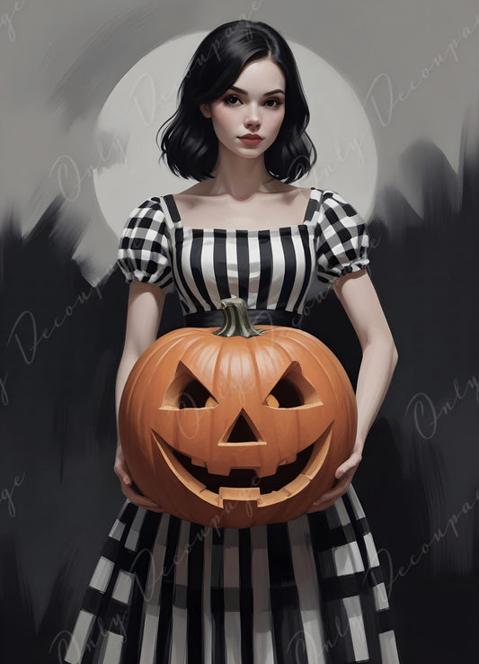 Large Decoupage Paper for Furniture - 6 Size Options - Halloween Collection - Women with Pumpkin