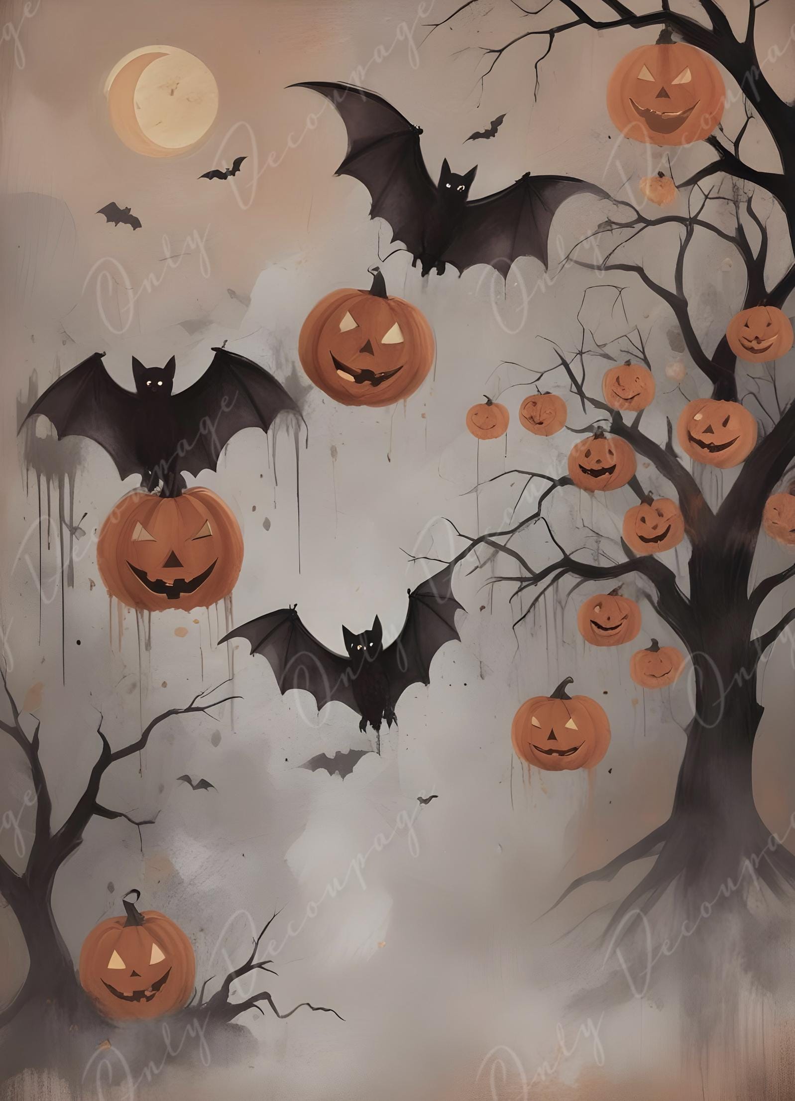 Large Decoupage Paper for Furniture - 6 Size Options - Halloween Collection - Bat & Pumpkin