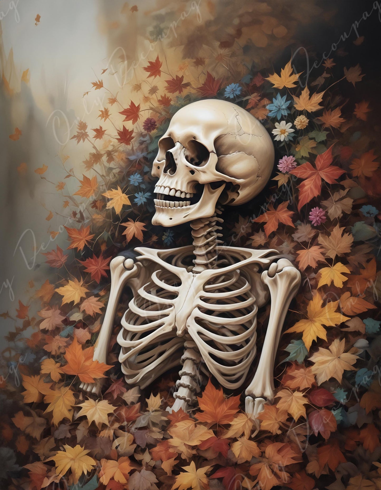 Large Decoupage Paper for Furniture - 6 Size Options - Halloween Collection - Skeleton with Leaf