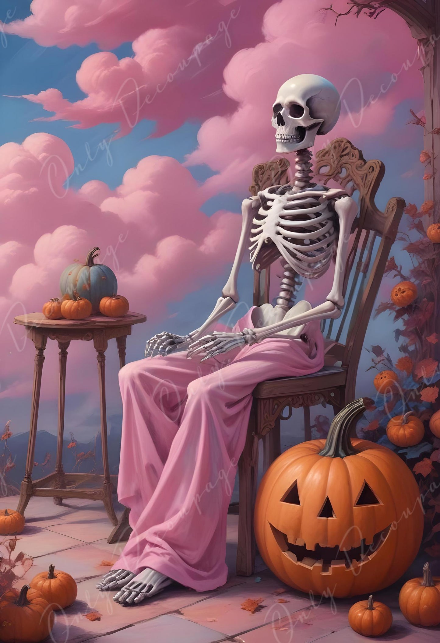 Large Decoupage Paper for Furniture - 6 Size Options - Halloween Collection - Skeleton with Pumpkin