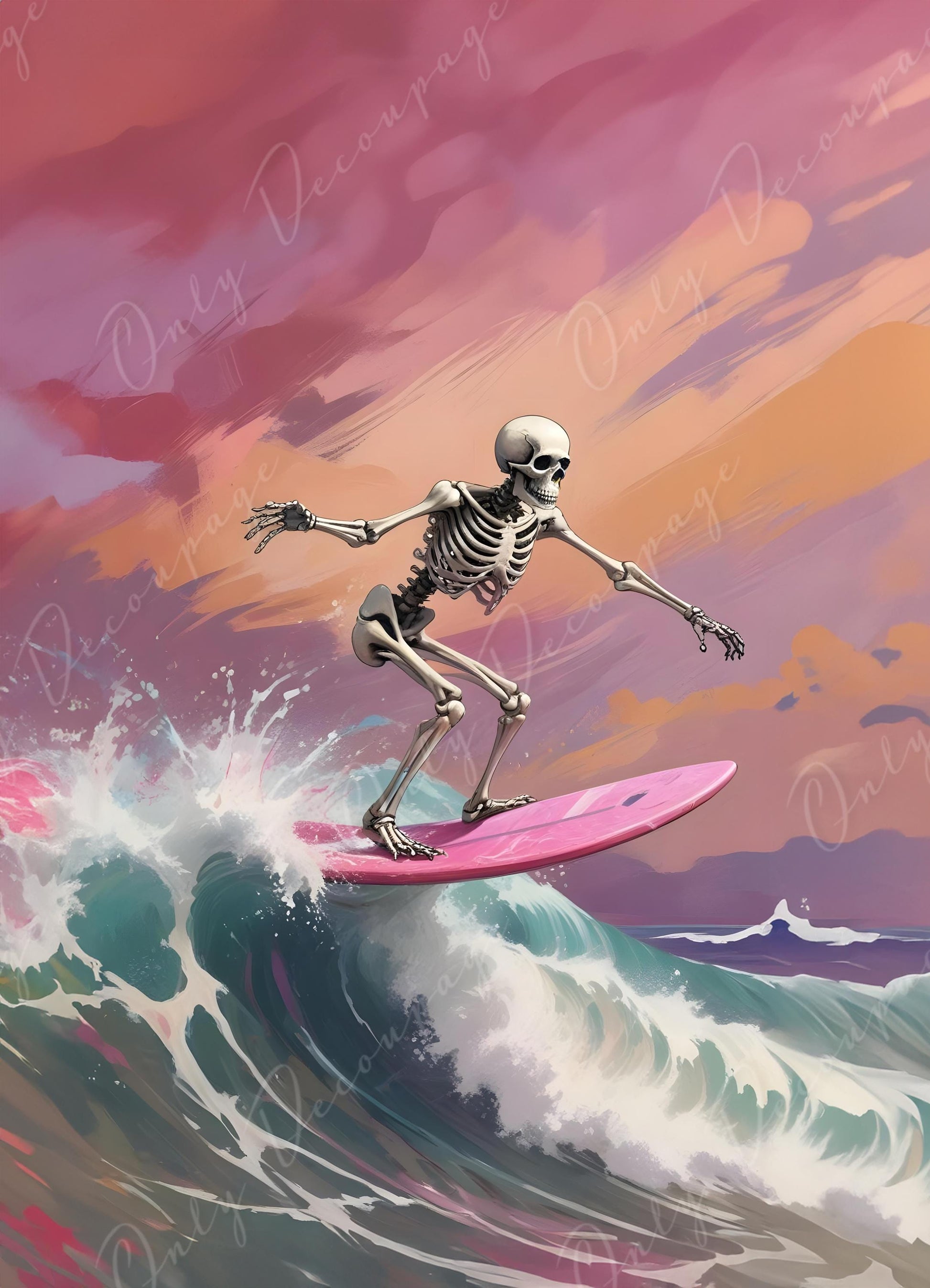 Large Decoupage Paper for Furniture - 6 Size Options - Halloween Collection - Surfer Skeleton