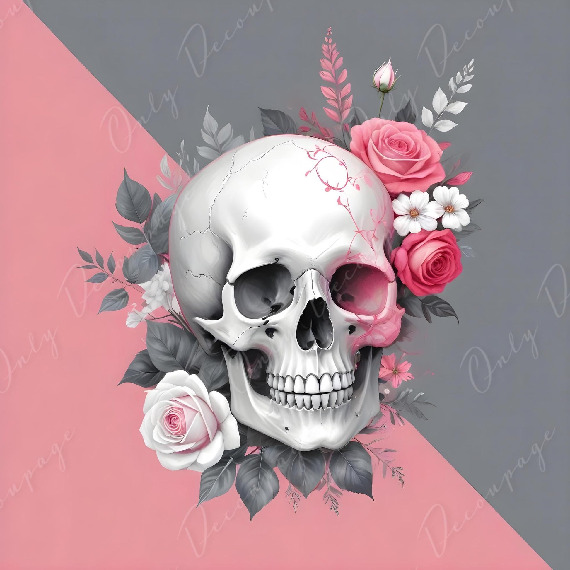 Decoupage Paper - 6 Size Options - Halloween Collection - Pink Grey Floral Skull