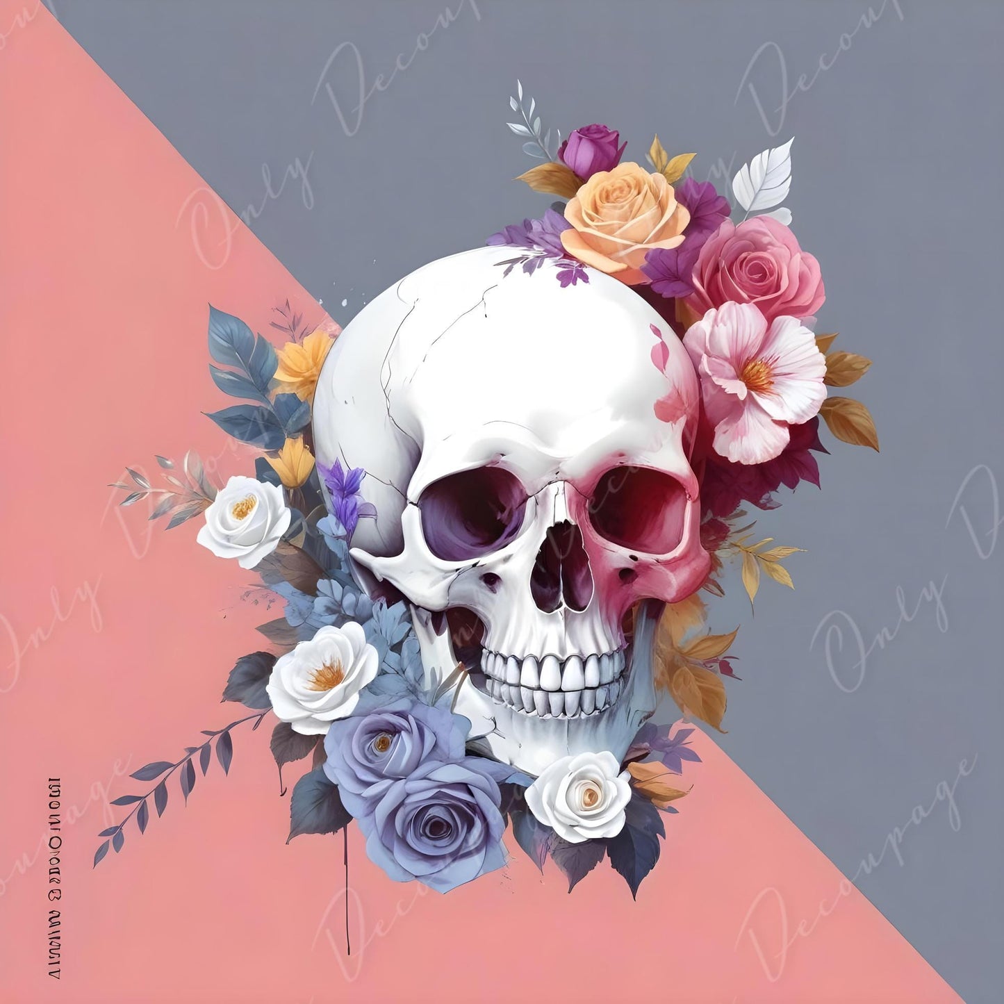 Decoupage Paper - 6 Size Options - Halloween Collection - Pink Grey Floral Skull