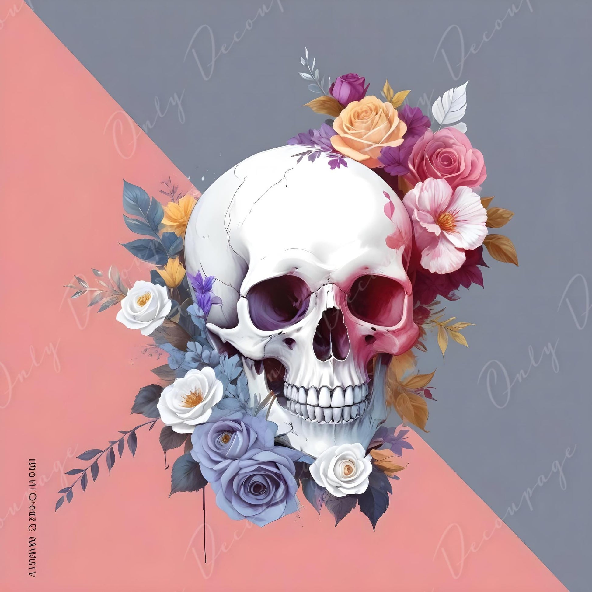 Decoupage Paper - 6 Size Options - Halloween Collection - Pink Grey Floral Skull