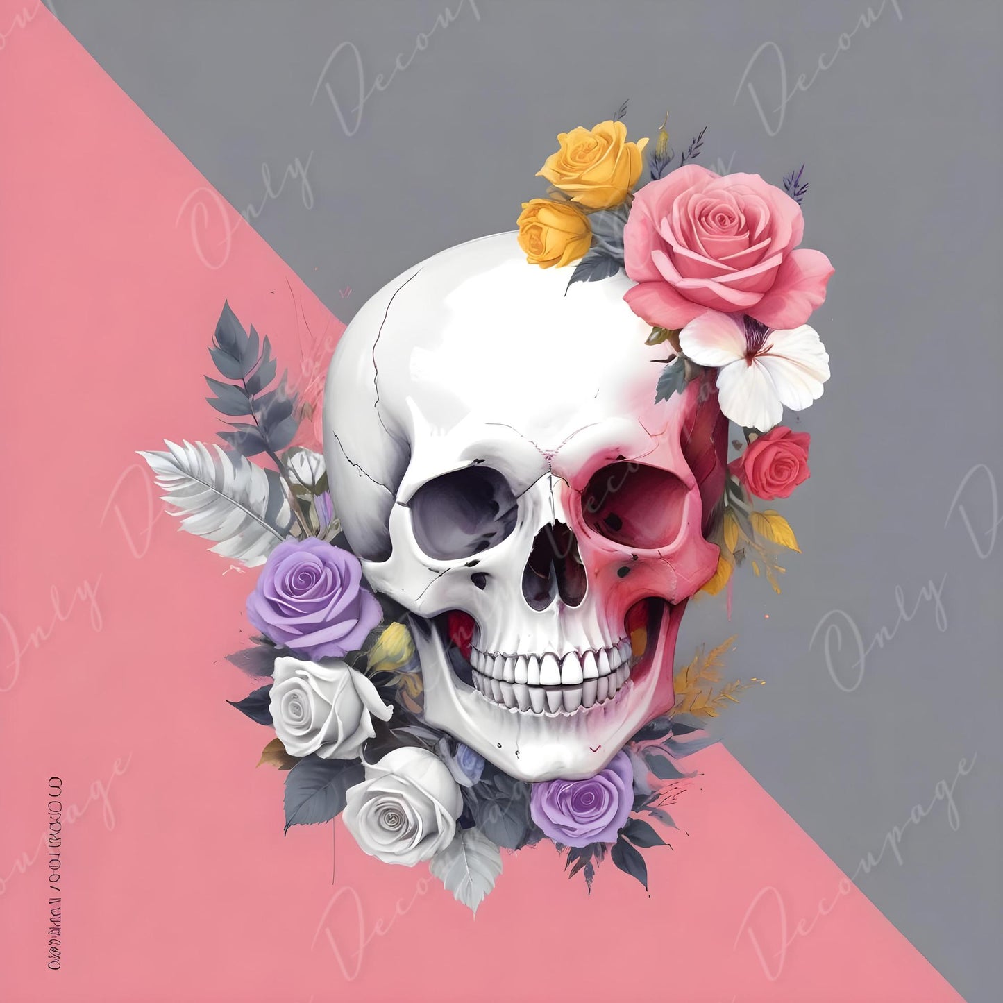 Decoupage Paper - 6 Size Options - Halloween Collection - Pink Grey Floral Skull