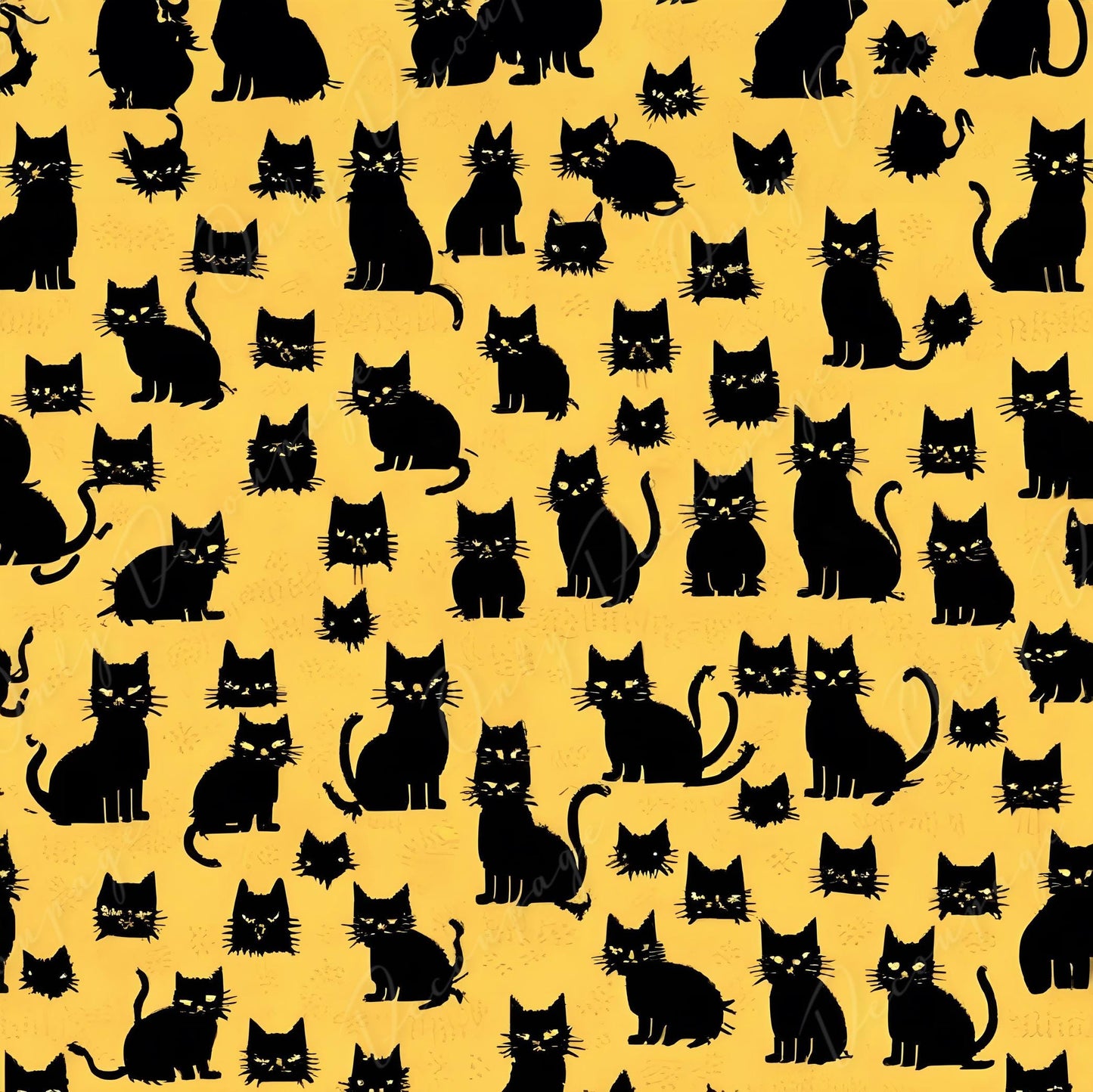 Decoupage Paper - 6 Size Options - Halloween Collection - Black & Yellow Cat Pattern