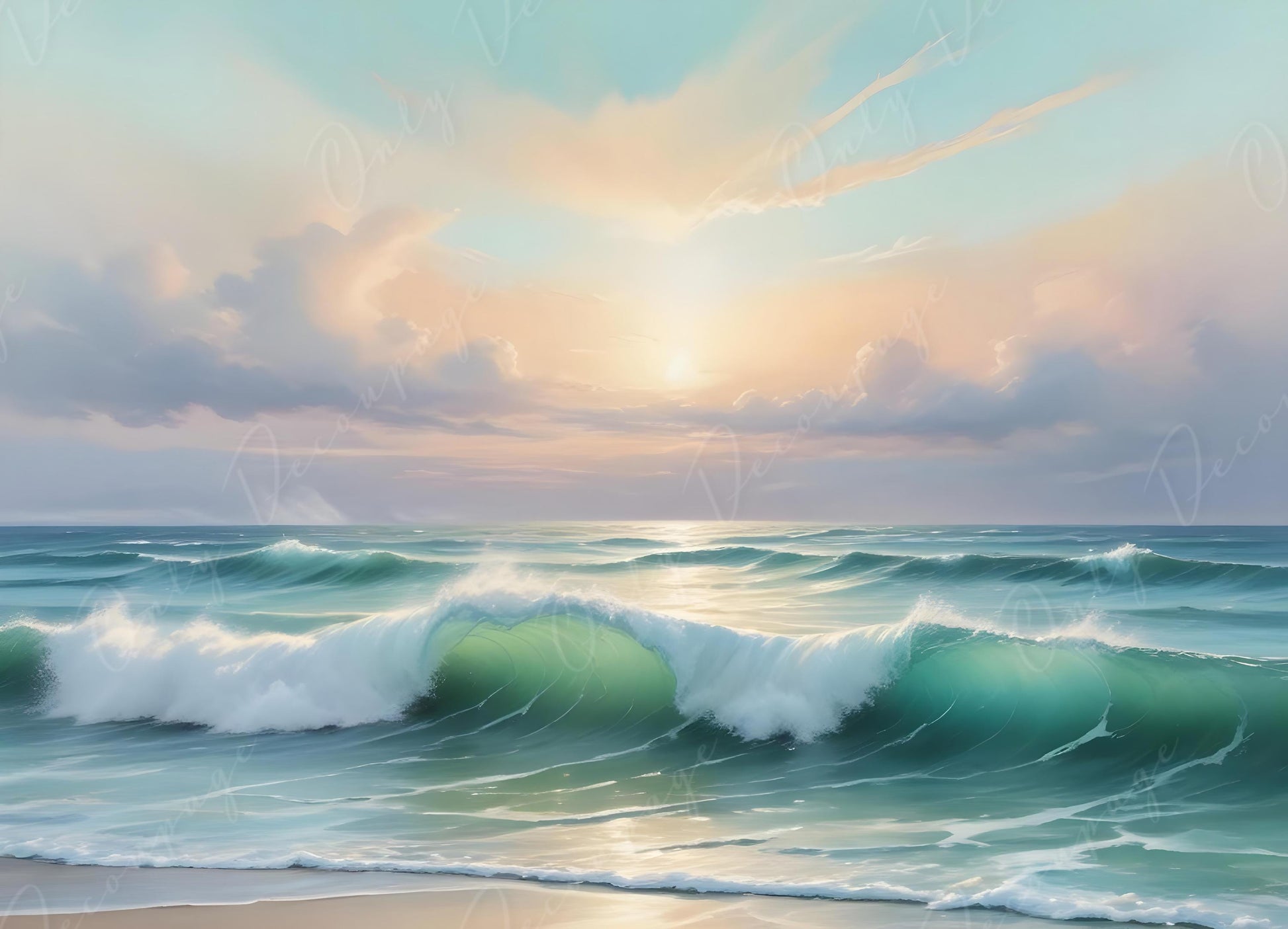 Pastel Beach - Large Decoupage Paper - 6 Size Options - Sunset - Green Waves