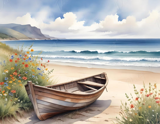 Beach - Large Decoupage Paper - 6 Size Options - Sunset - Wooden Boat - Wildflowers