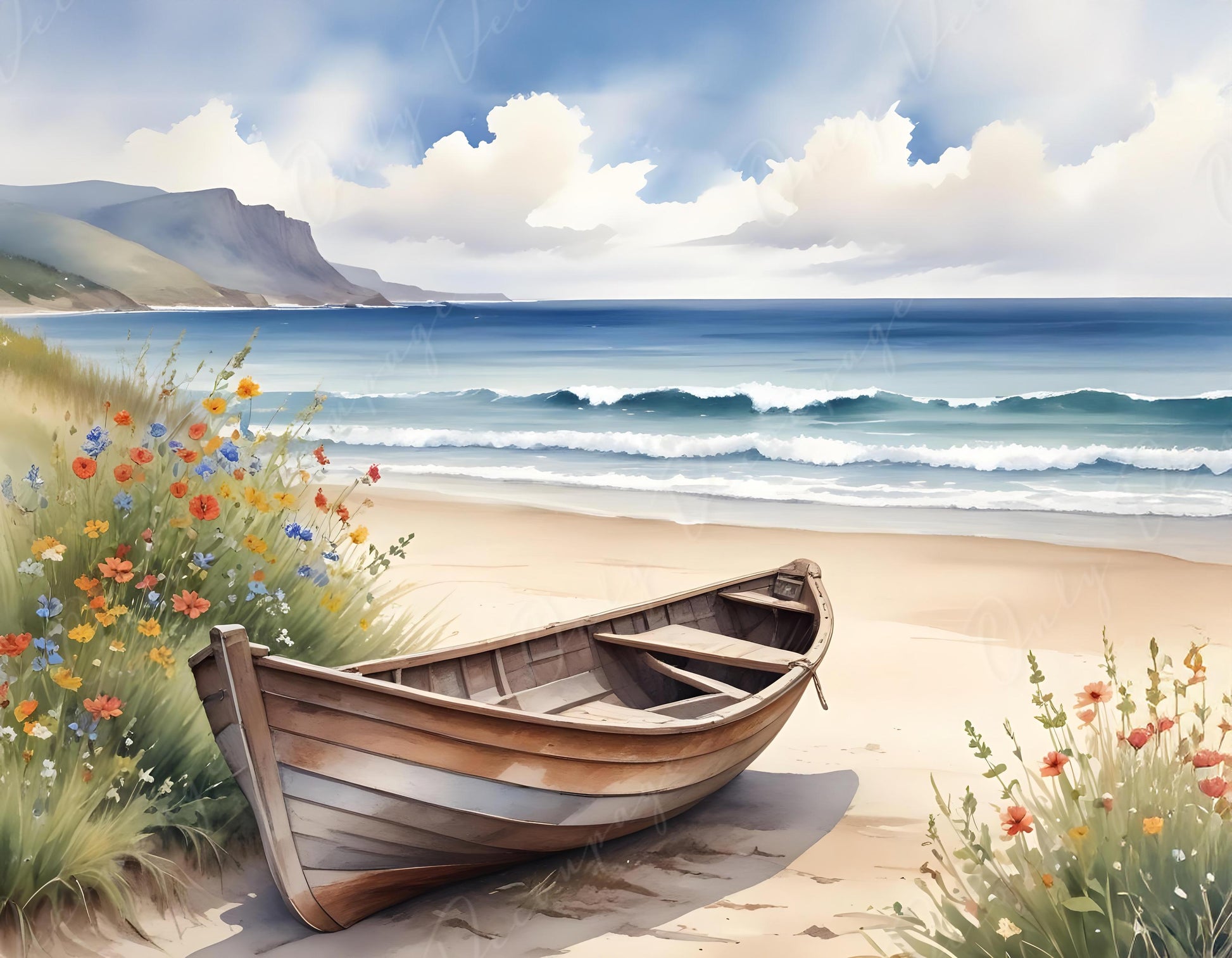 Beach - Large Decoupage Paper - 6 Size Options - Sunset - Wooden Boat - Wildflowers