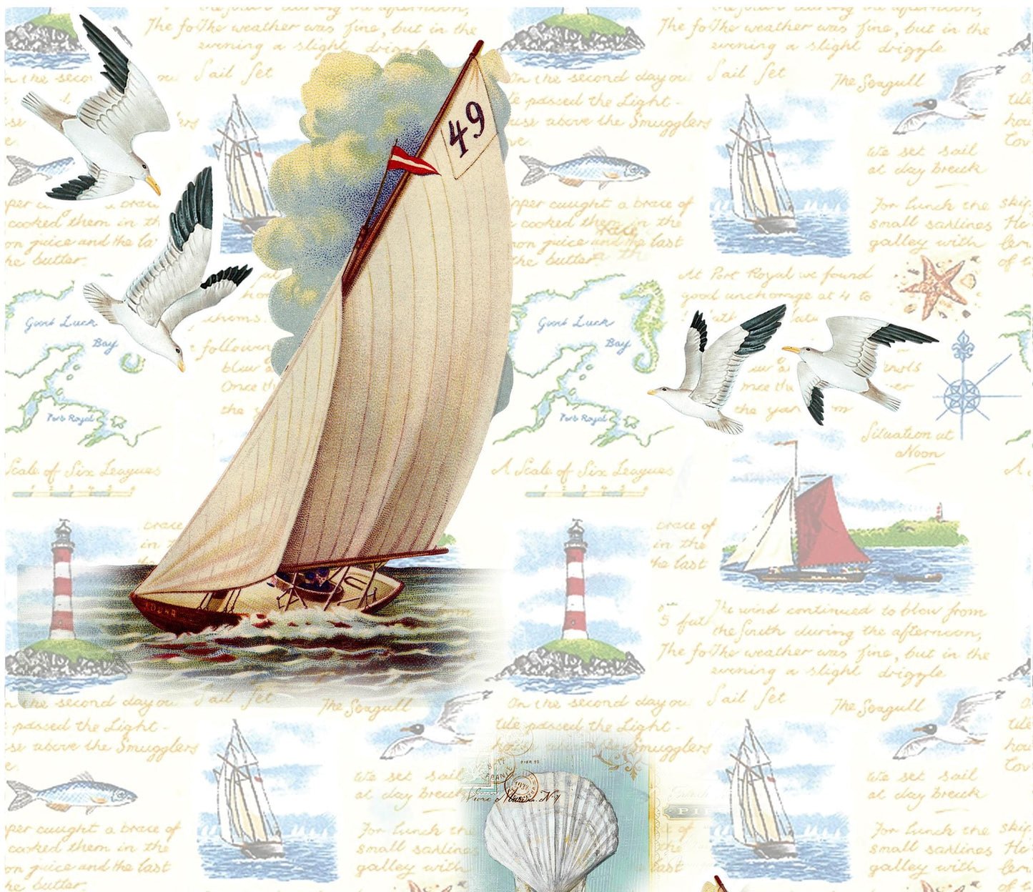 Large Decoupage Paper - Decoupage Art - Rice Paper for Decoupage - Decoupage for Furniture - Vintage Decoupage - Sailing Lighthouse Birds