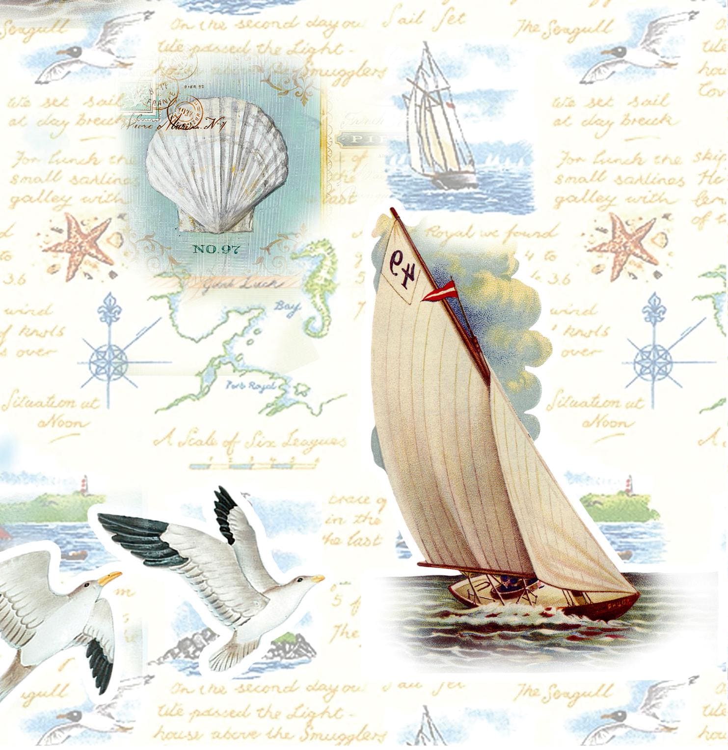 Large Decoupage Paper - Decoupage Art - Rice Paper for Decoupage - Decoupage for Furniture - Vintage Decoupage - Sailing Lighthouse Birds