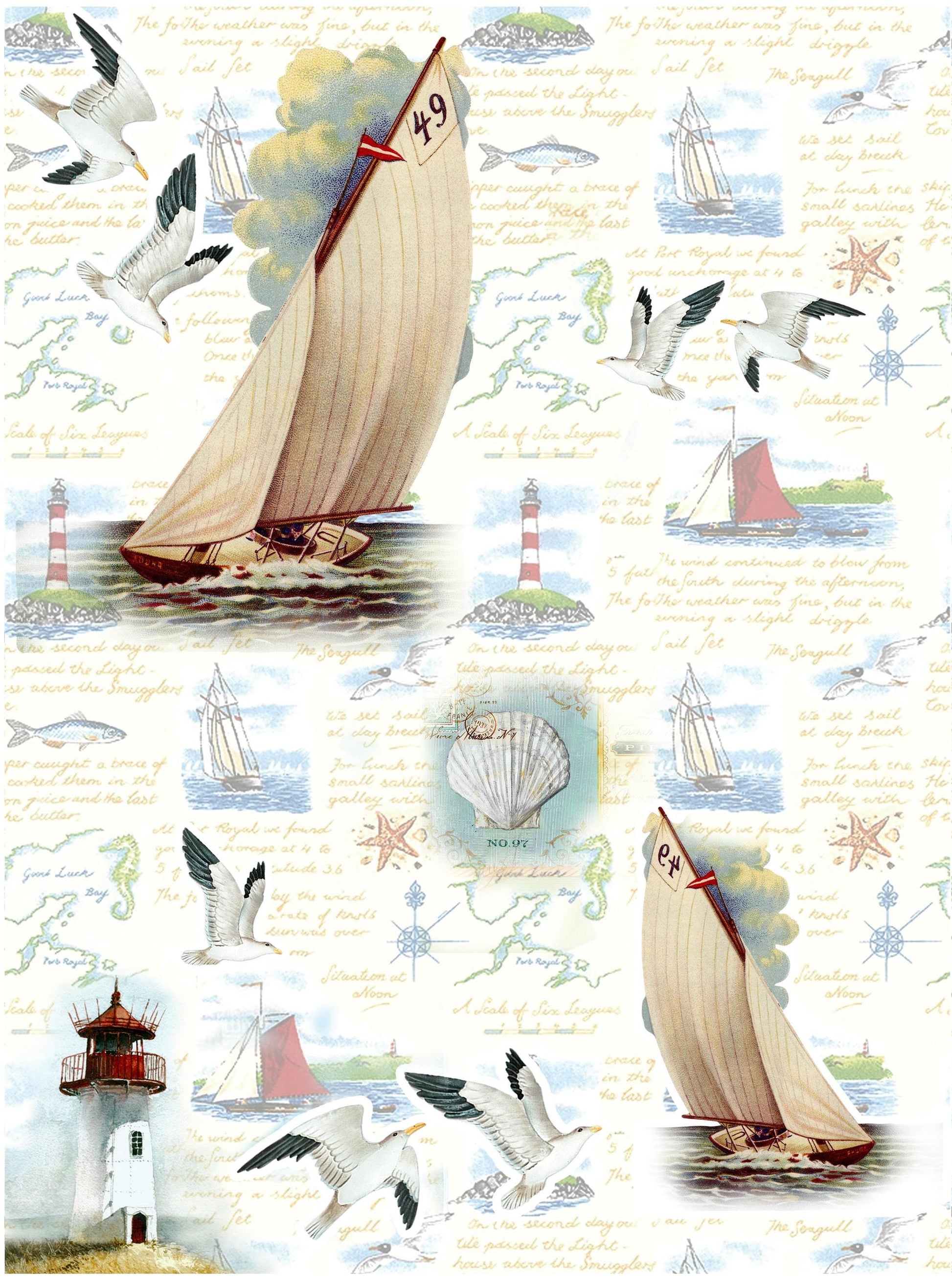 Large Decoupage Paper - Decoupage Art - Rice Paper for Decoupage - Decoupage for Furniture - Vintage Decoupage - Sailing Lighthouse Birds