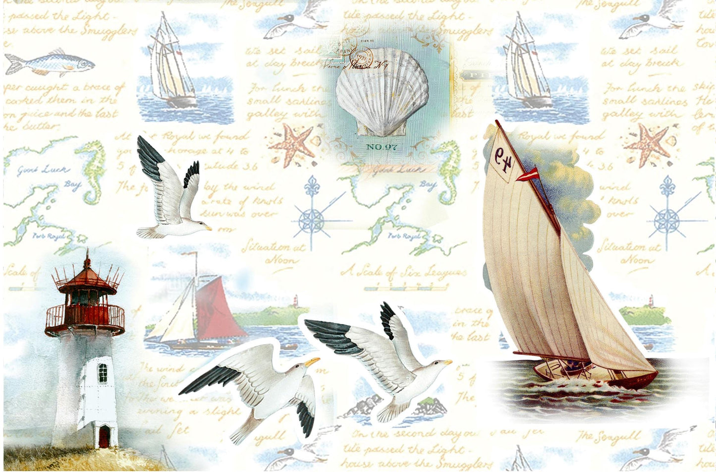 Large Decoupage Paper - Decoupage Art - Rice Paper for Decoupage - Decoupage for Furniture - Vintage Decoupage - Sailing Lighthouse Birds