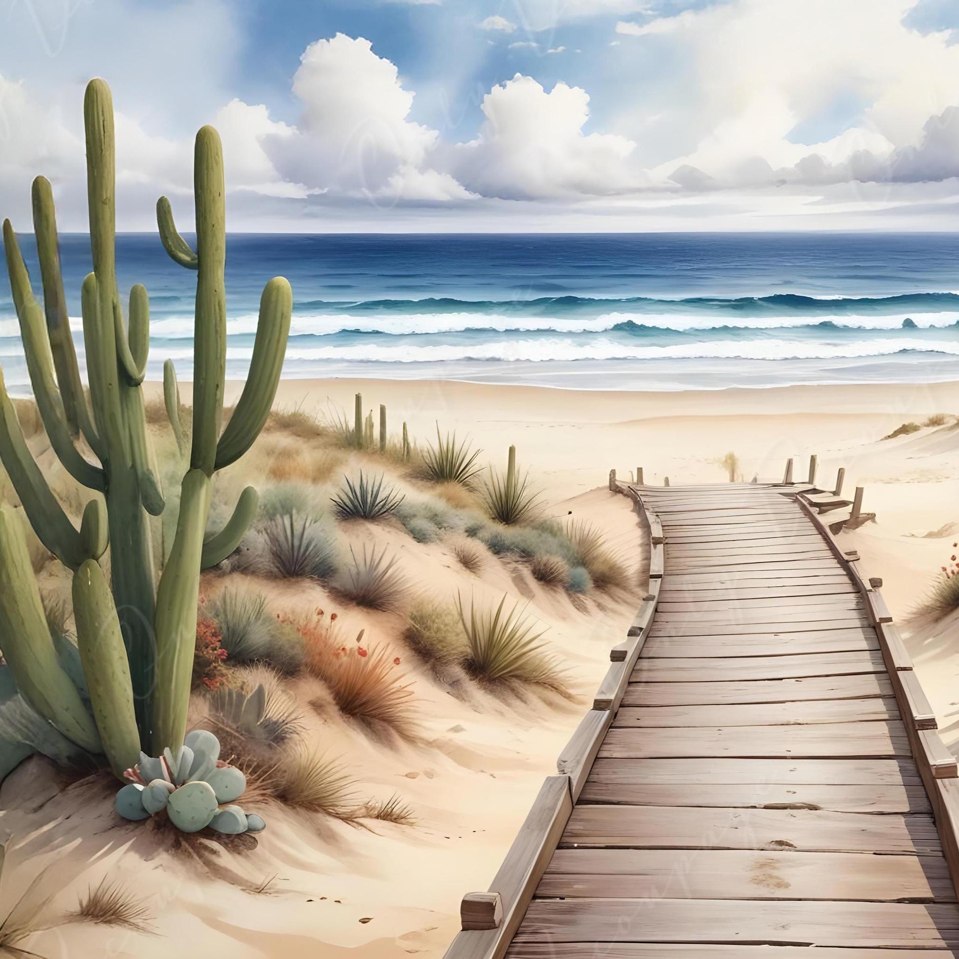 Beach - Large Decoupage Paper - 6 Size Options - Green Cactus - White Clouds