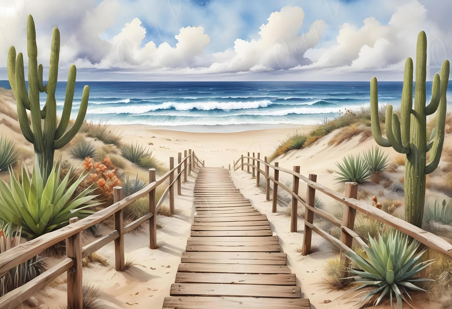 Beach - Large Decoupage Paper - 6 Size Options - Green Cactus - White Clouds
