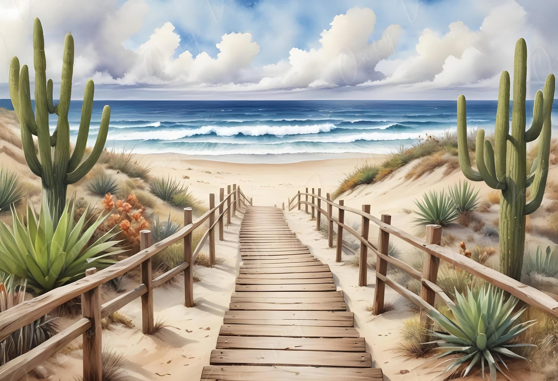 Beach - Large Decoupage Paper - 6 Size Options - Green Cactus - White Clouds