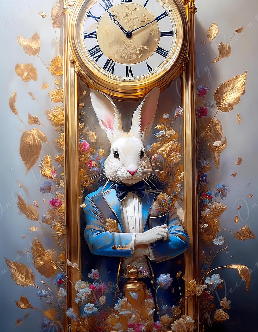 Fairytale - Large Decoupage Paper - 6 Size Options - Rabbit with Gold Clock