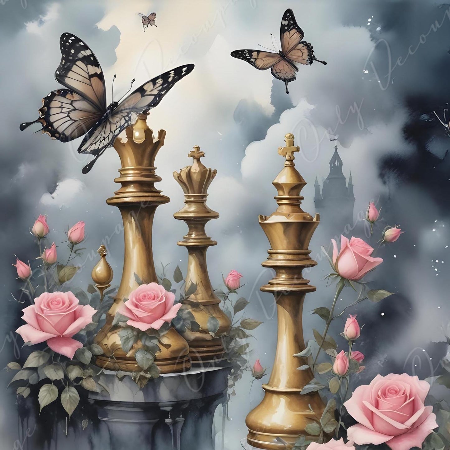 Fairytale - Large Decoupage Paper - 6 Size Options - Butterfly with Pink Roses - Chess Board