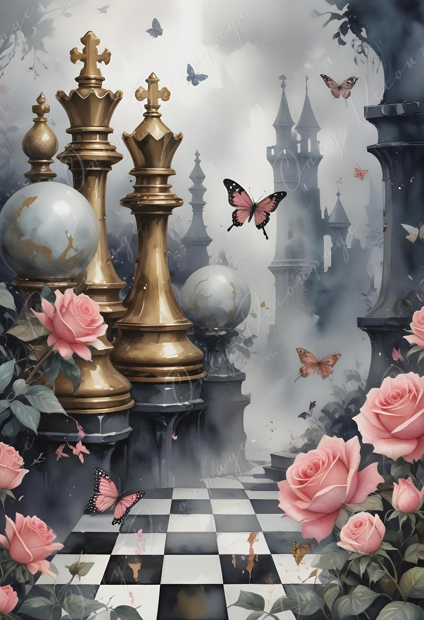 Fairytale - Large Decoupage Paper - 6 Size Options - Butterfly with Pink Roses - Black Castle