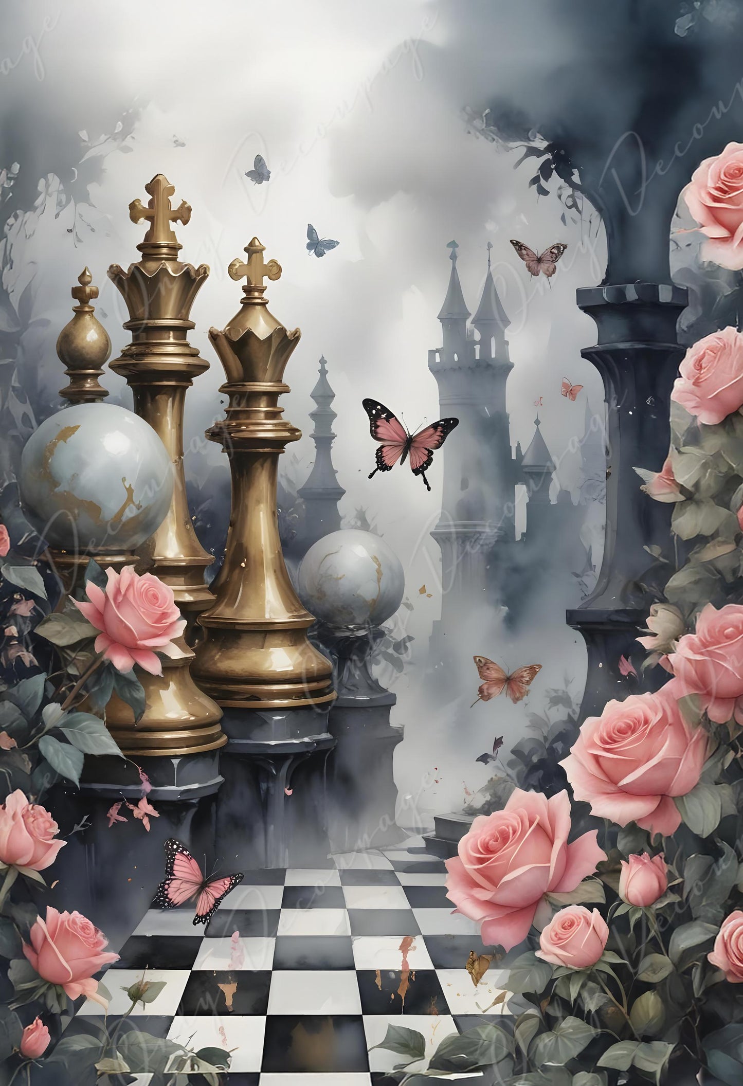Fairytale - Large Decoupage Paper - 6 Size Options - Butterfly with Pink Roses - Black Castle
