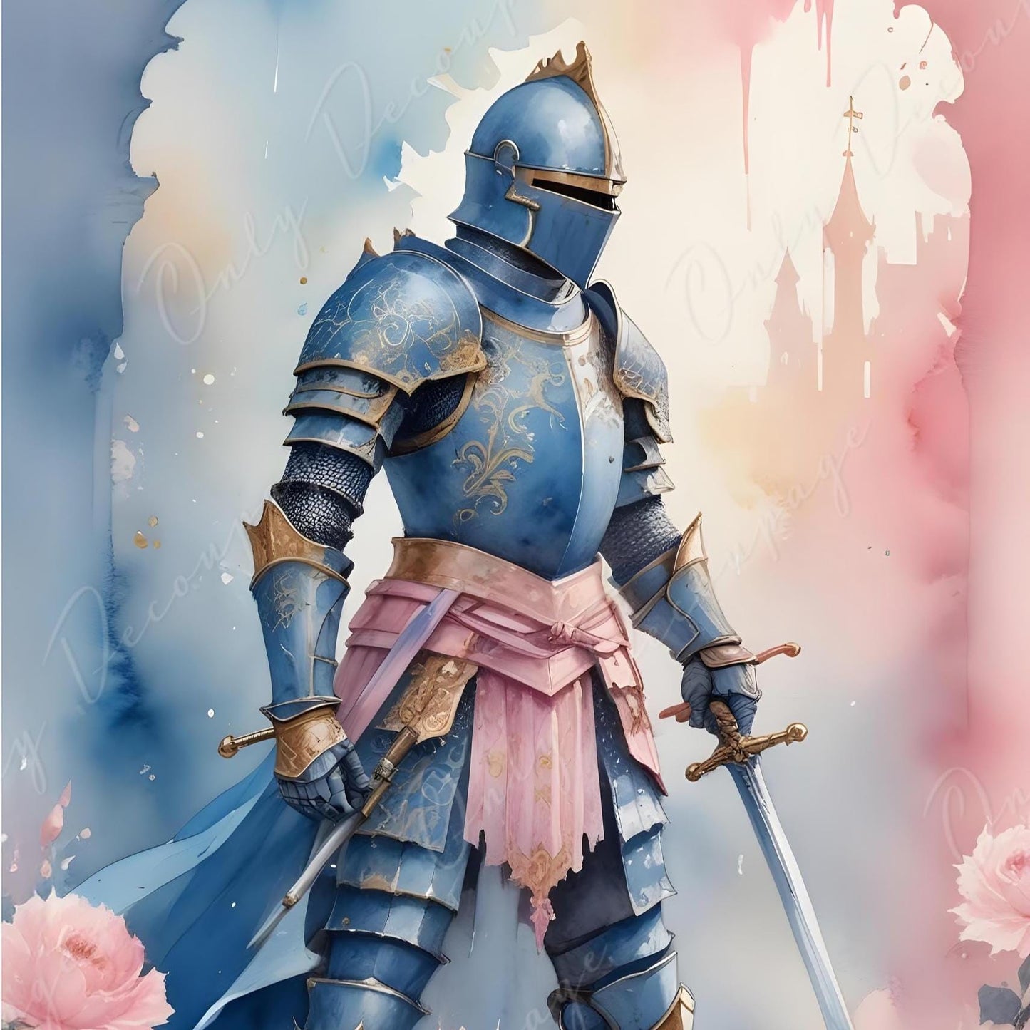 Fairytale - Large Decoupage Paper - 6 Size Options - Pinky Chivalry - Sword - Flowers