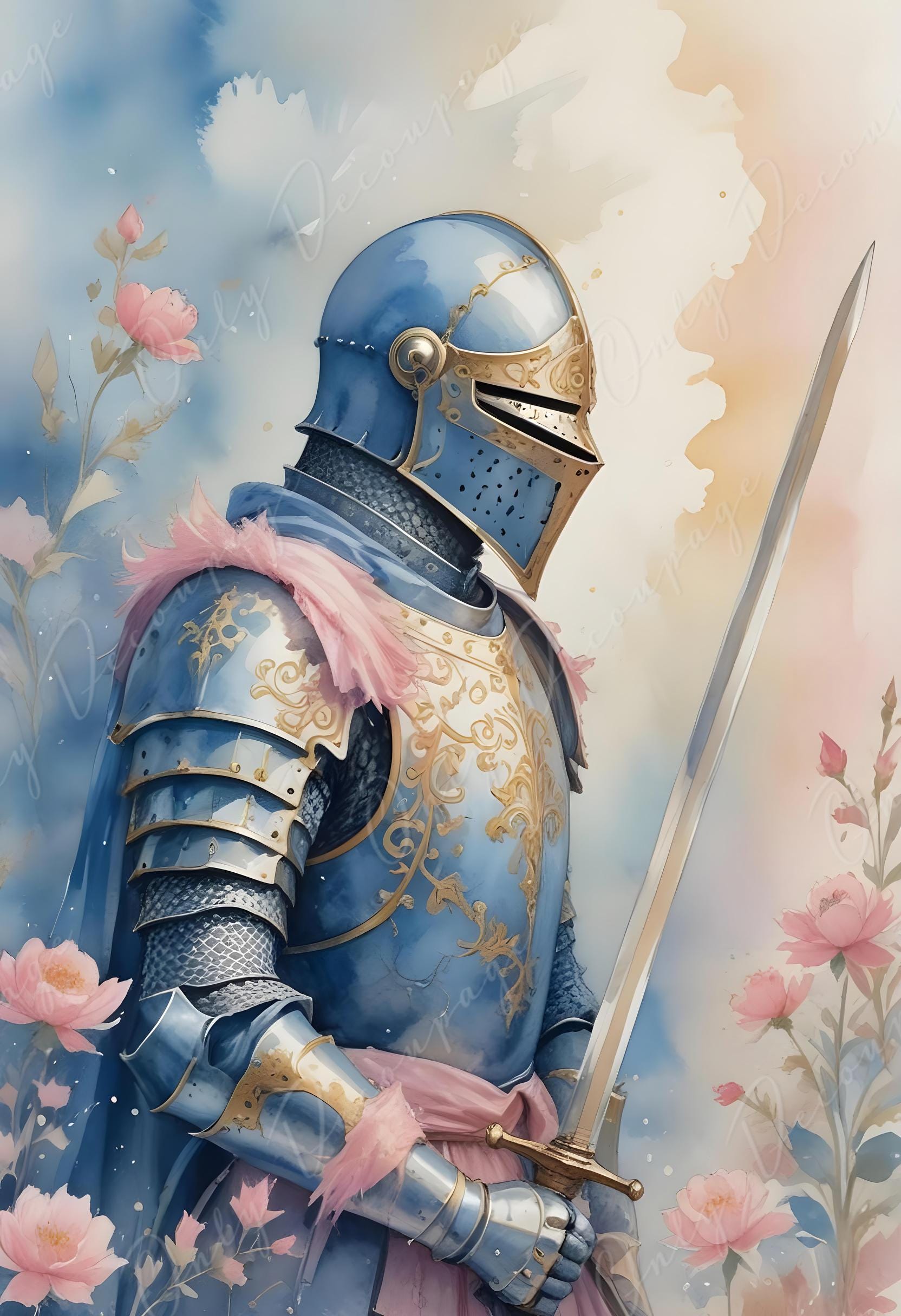 Fairytale - Large Decoupage Paper - 6 Size Options - Blue Chivalry - Sword - Pink Flowers