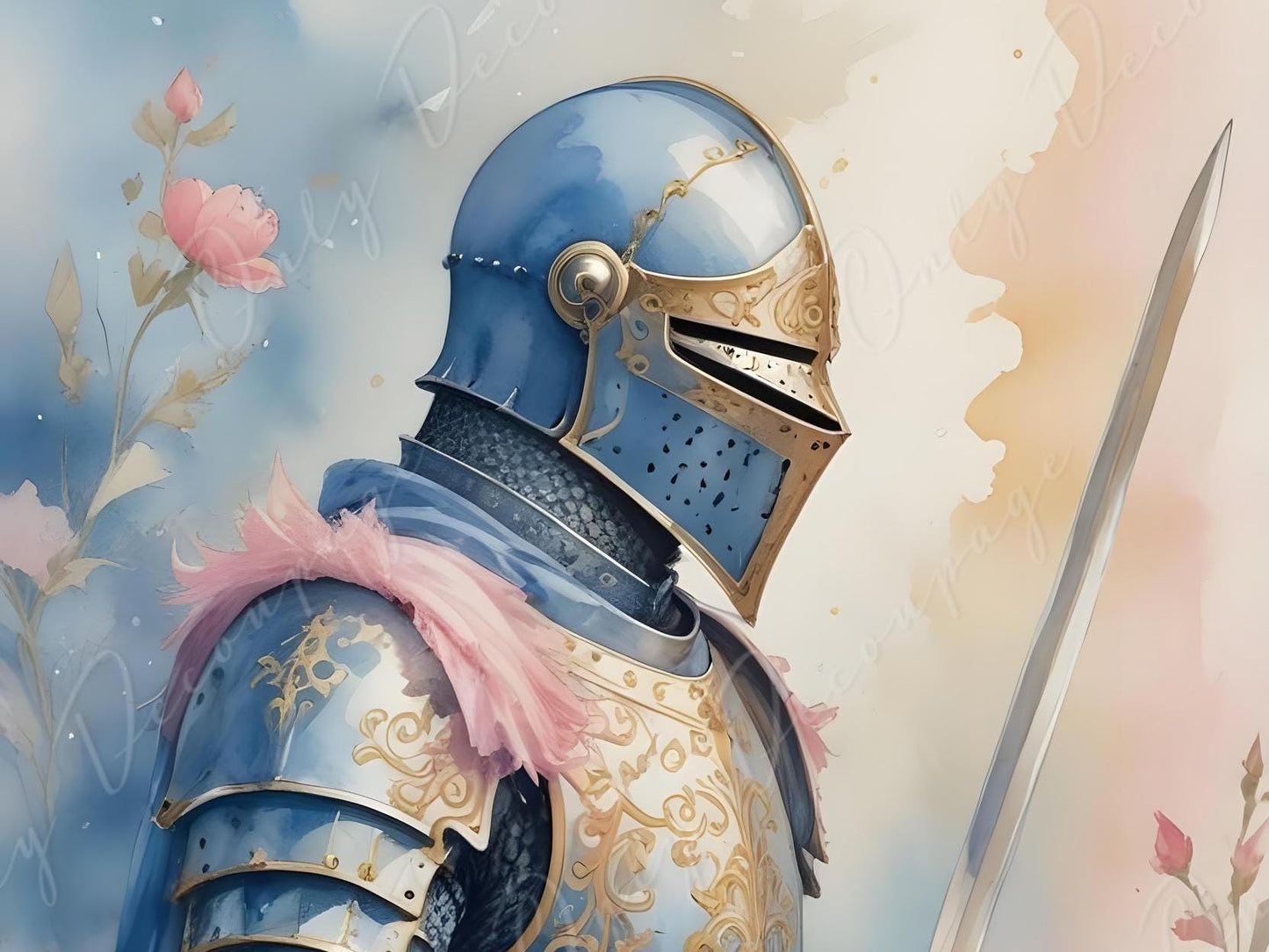 Fairytale - Large Decoupage Paper - 6 Size Options - Blue Chivalry - Sword - Pink Flowers