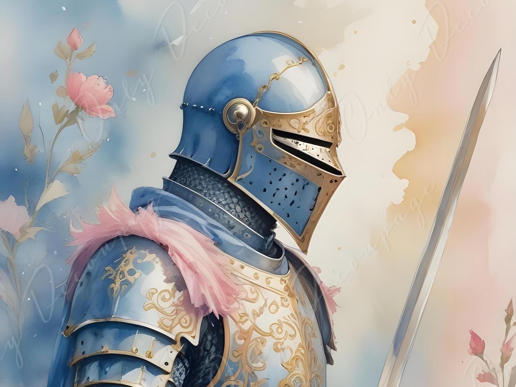 Fairytale - Large Decoupage Paper - 6 Size Options - Blue Chivalry - Sword - Pink Flowers