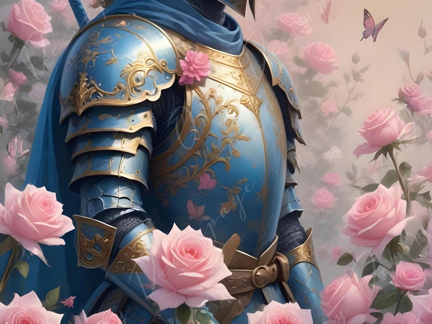 Fairytale - Large Decoupage Paper - 6 Size Options - Gold Chivalry - Sword - Pink Flowers
