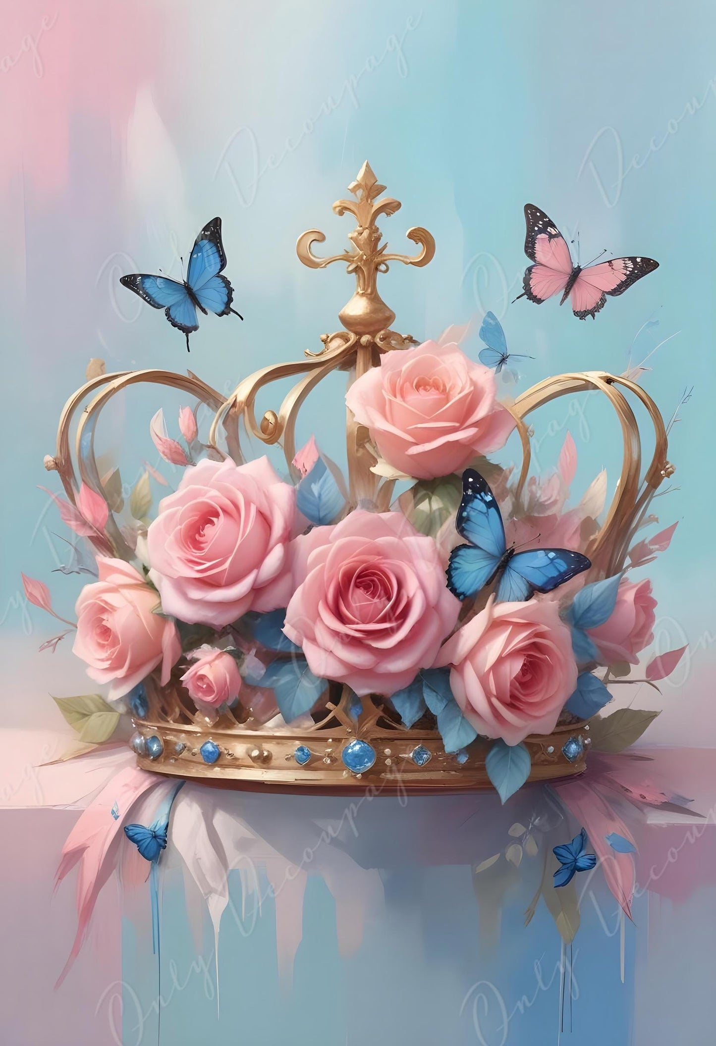 Fairytale - Large Decoupage Paper - 6 Size Options - Pink Floral Rice Paper- Crown - Blue Butterfly
