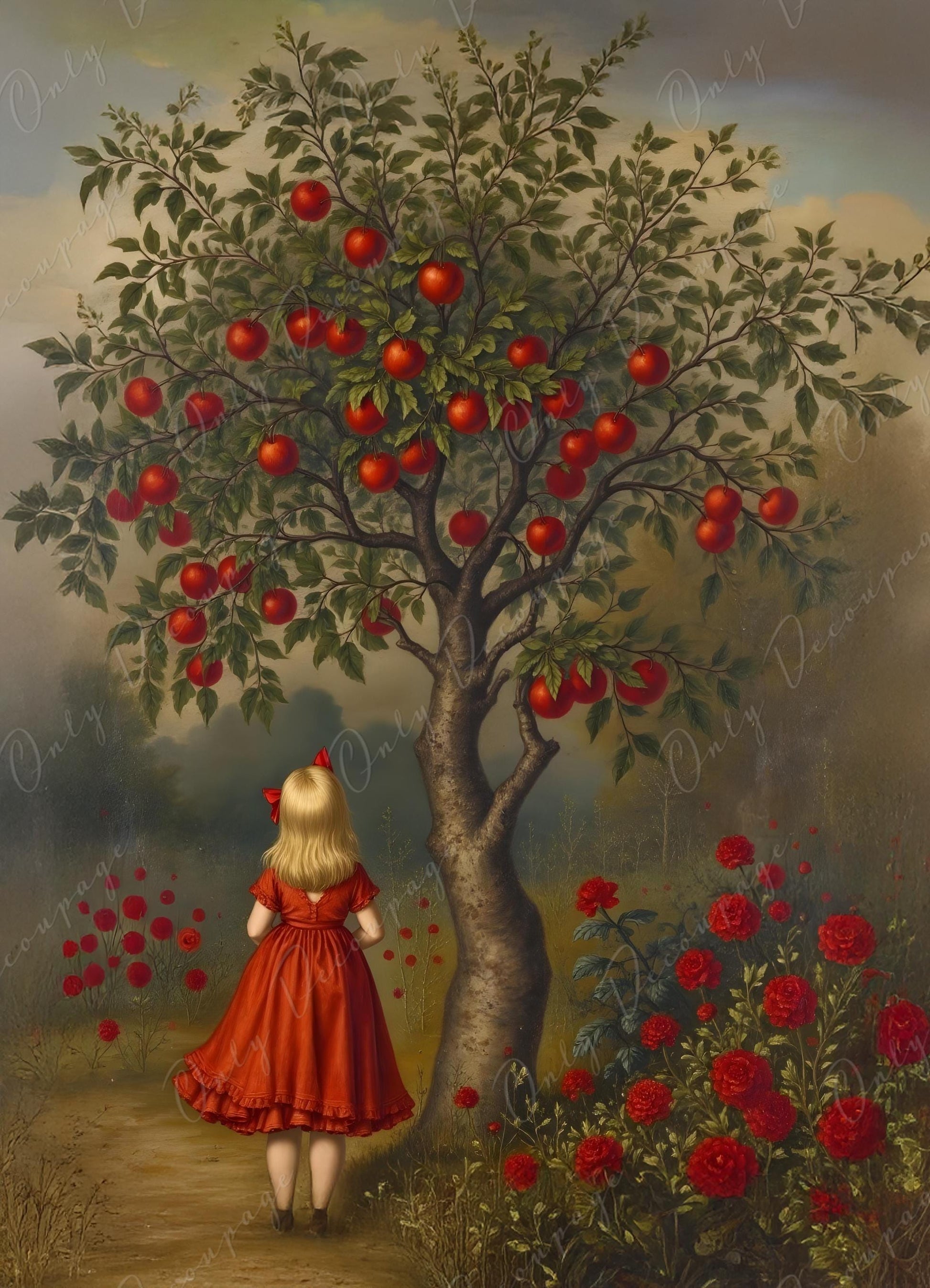 Fairytale Alice - Large Decoupage Paper for Furniture - 6 Size Options - Apple Tree - Red Dress