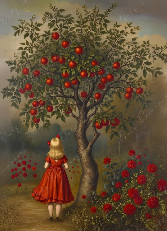 Fairytale Alice - Large Decoupage Paper for Furniture - 6 Size Options - Apple Tree - Red Dress