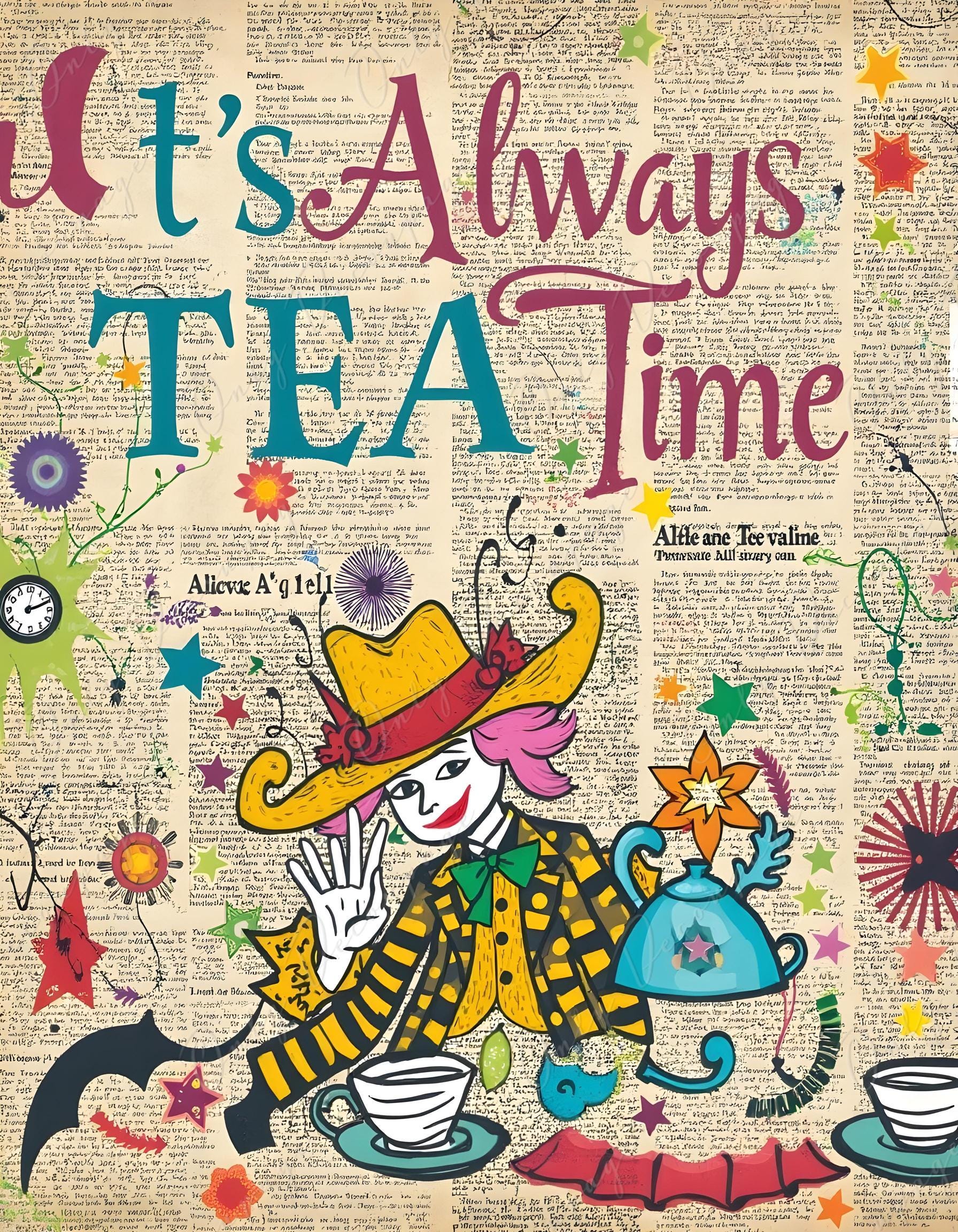 It's Always Tea Time - Large Decoupage Paper for Furniture - 6 Size Options - Fairytale Alice - Words