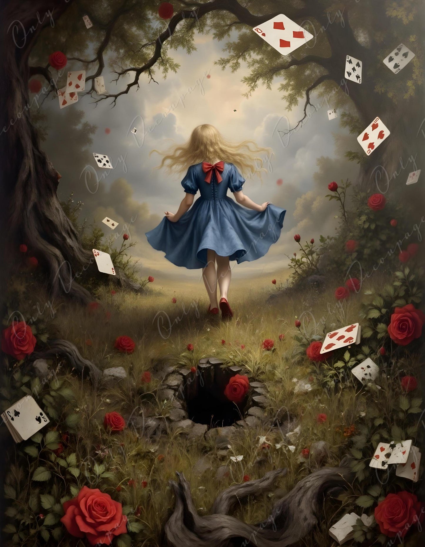 Wonderland Alice - Decoupage Paper - 6 Size Options - Rabbit Hole - Playing Cards - Forrest