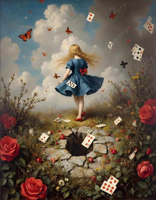 Wonderland Alice - Decoupage Paper - 6 Size Options - Rabbit Hole - Playing Cards - Butterflies