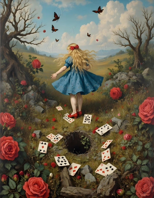 Wonderland Alice - Decoupage Paper - 6 Size Options - Rabbit Hole - Playing Cards - Birds