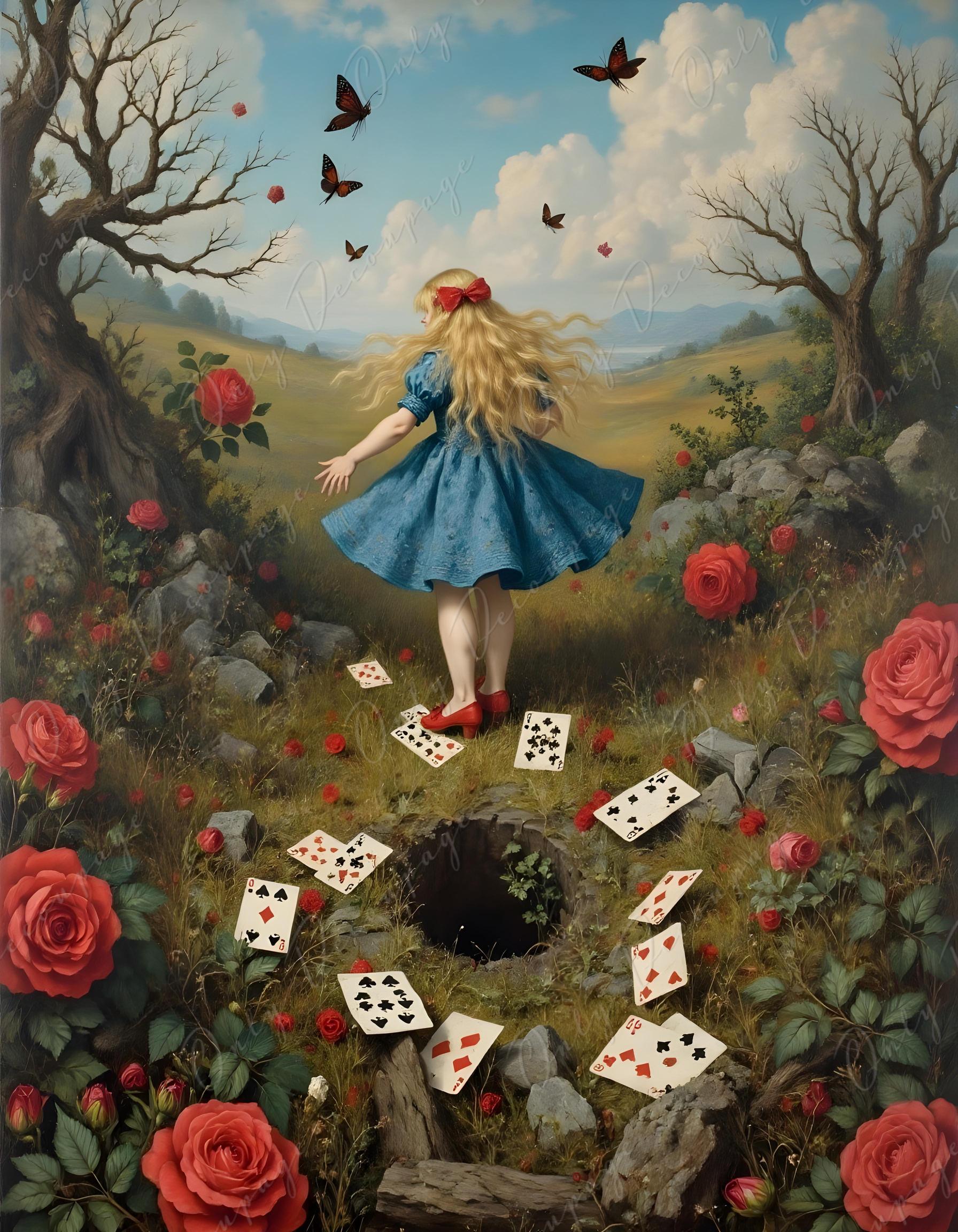 Wonderland Alice - Decoupage Paper - 6 Size Options - Rabbit Hole - Playing Cards - Birds