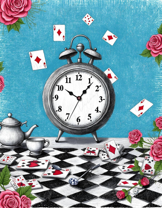 Wonderland Alice - Decoupage Paper - 6 Size Options - Checkerboard Pattern - Clock