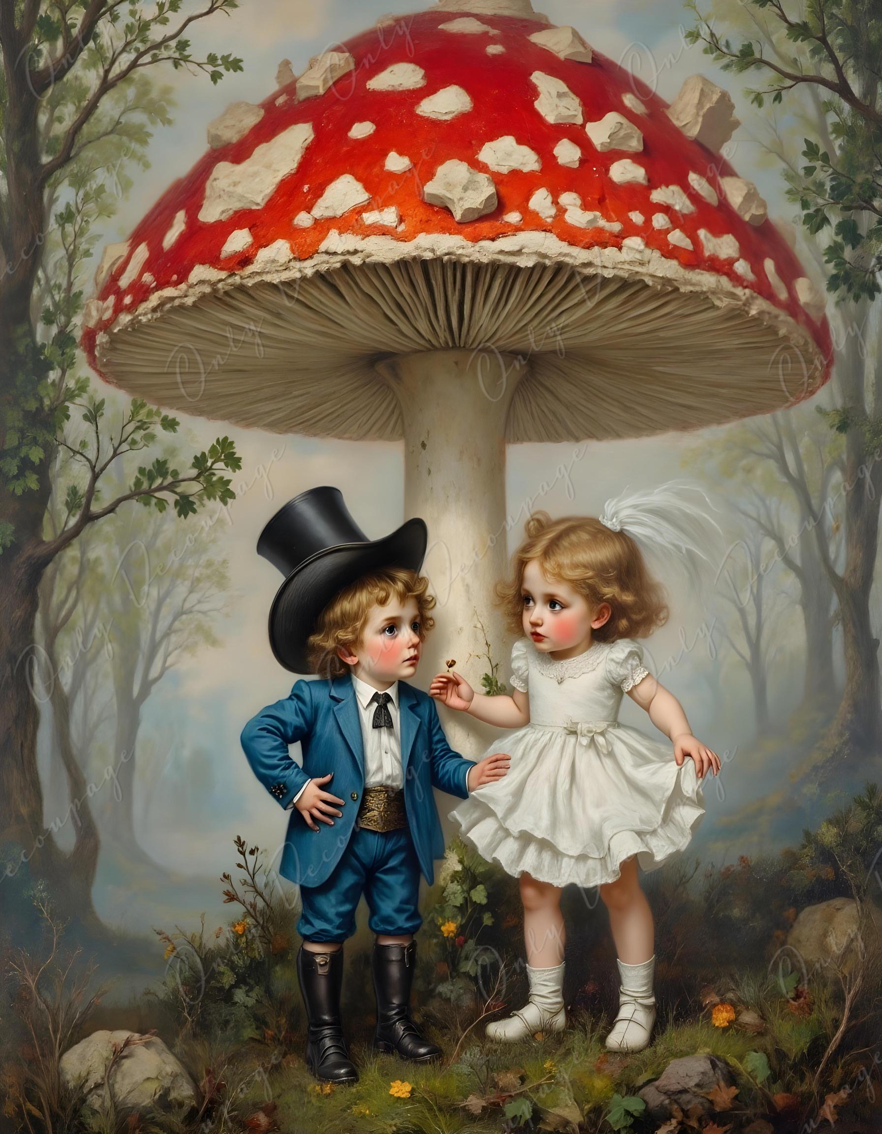 Wonderland Alice - Decoupage Paper - 6 Size Options - Red Giant Mushroom - Children