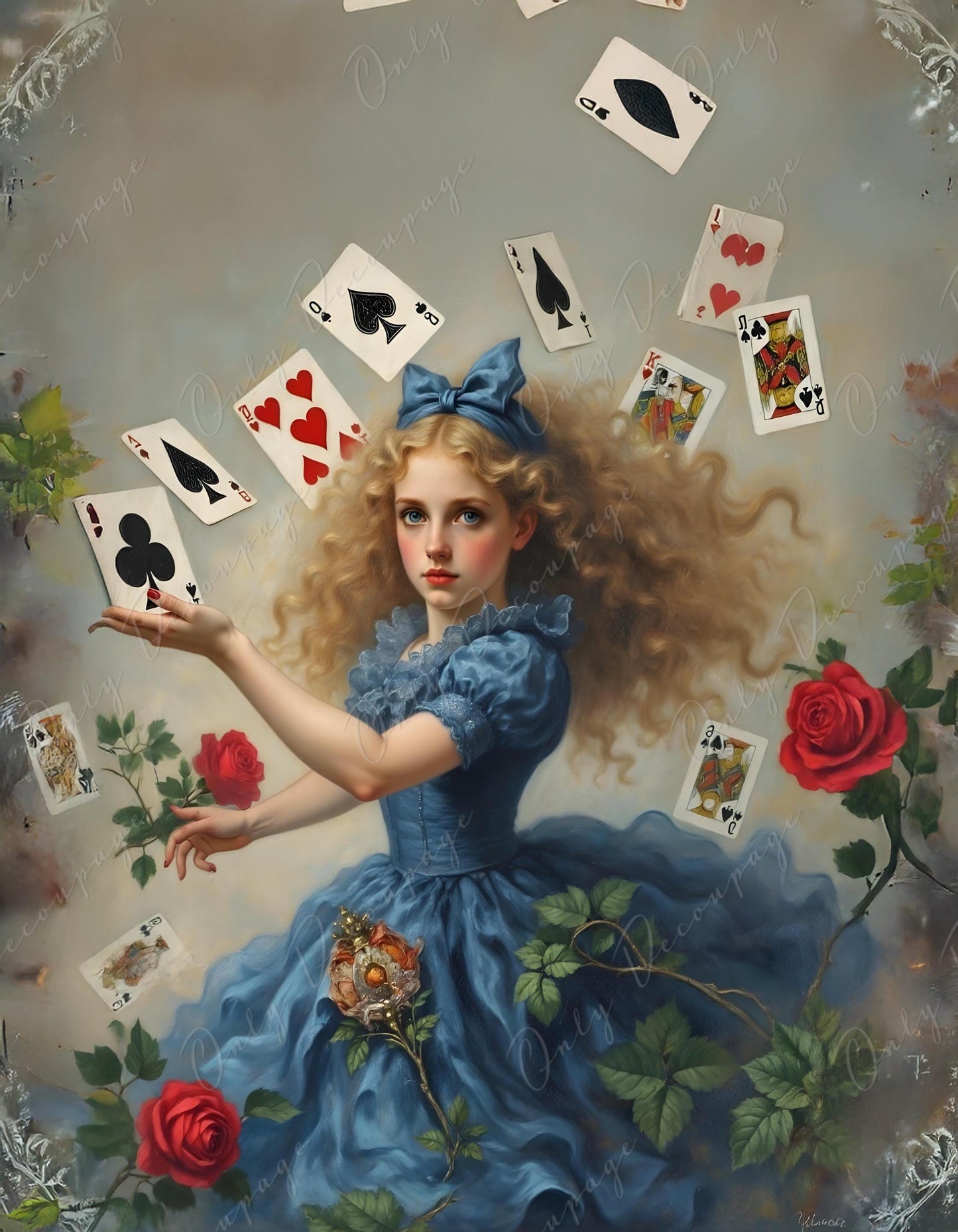 Wonderland Alice - Furniture Decoupage Paper - 6 Size Options - Playing Cards - Red Roses