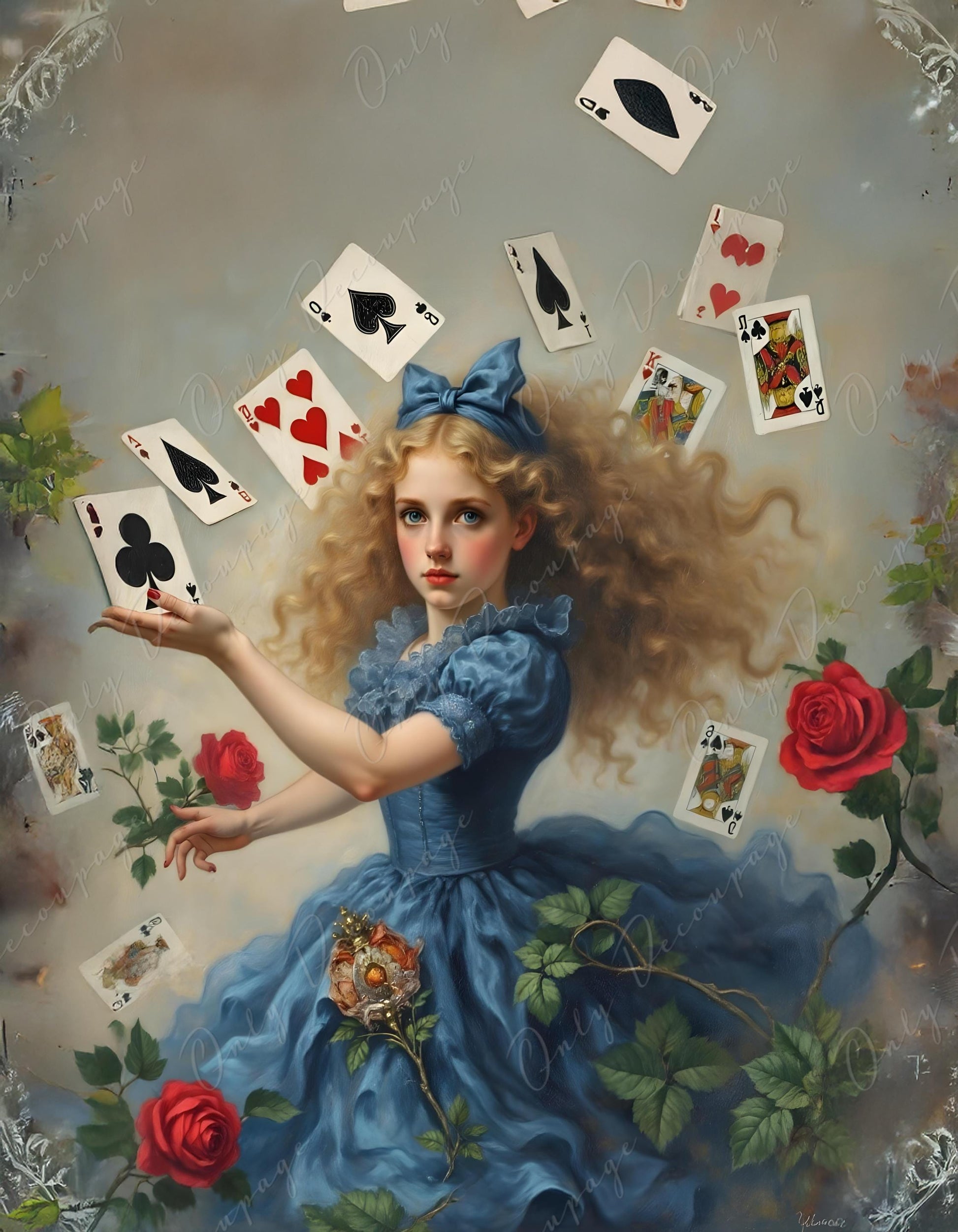 Wonderland Alice - Furniture Decoupage Paper - 6 Size Options - Playing Cards - Red Roses