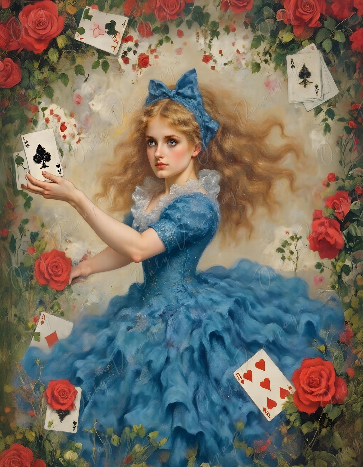 Fairytale Alice - Furniture Decoupage Paper - 6 Size Options - Playing Cards - Red Roses