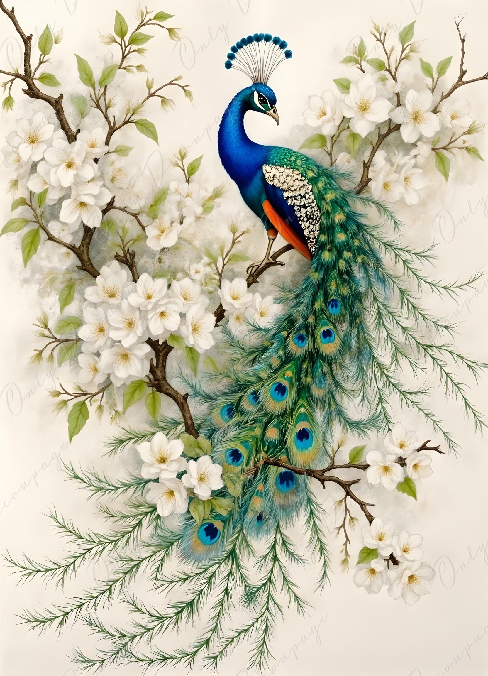 Peacock - Furniture Decoupage Paper - 6 Size Options - Floral Decoupage