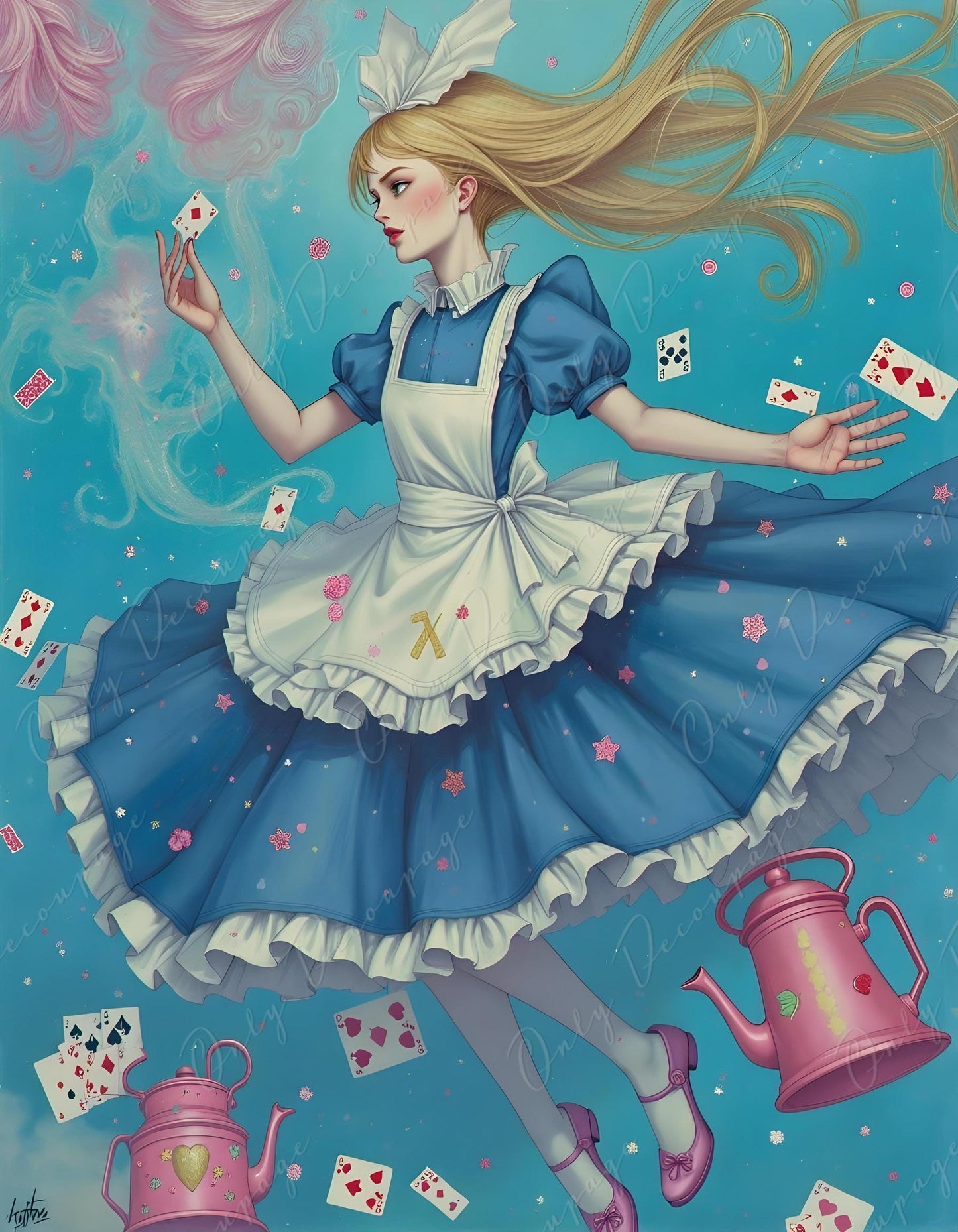 Fairytale Alice - Furniture Decoupage Paper - 6 Size Options - Playing Cards - Pink Pot - Blue Dress