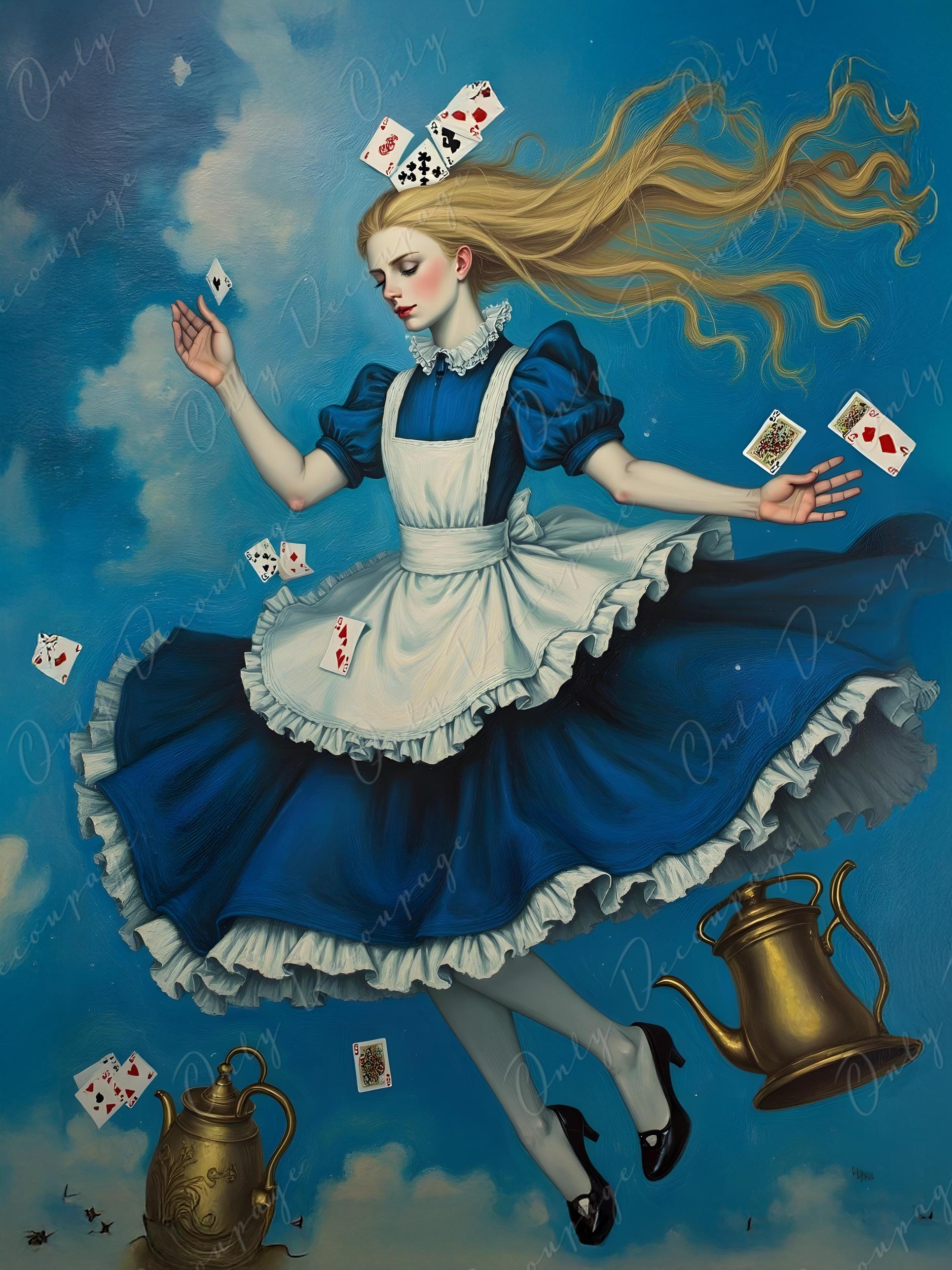 Fairytale Alice - Furniture Decoupage Paper - 6 Size Options - Playing Cards - Gold Pot - Clouds
