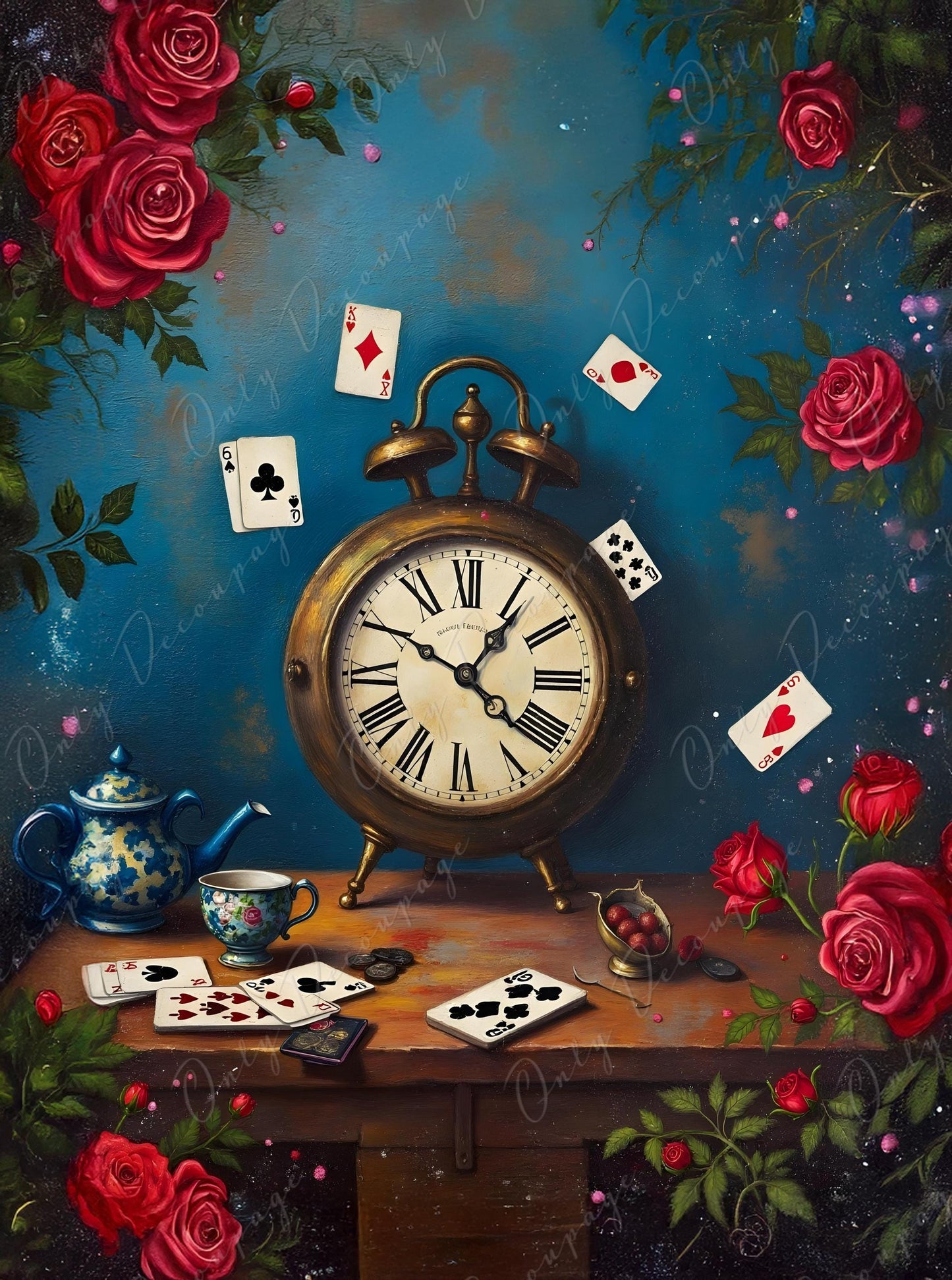 Fairytale Alice - Furniture Decoupage Paper - 6 Size Options - Red Roses - Vintage Clock